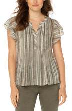 Striped Short Flutter Sleeve Popover Blouse w/Pin Tuck Accents