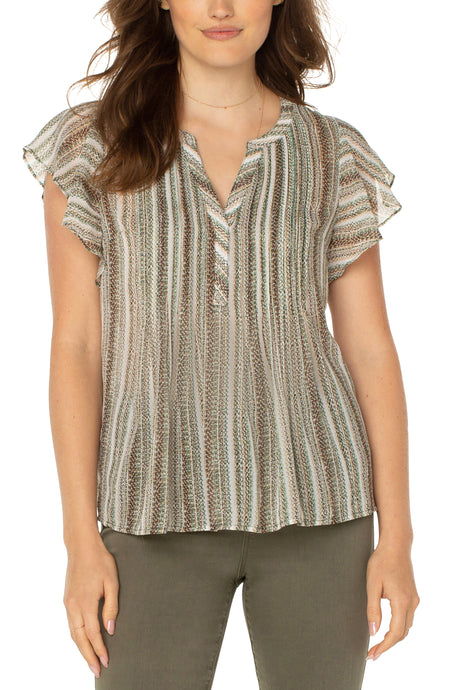 Striped Short Flutter Sleeve Popover Blouse w/Pin Tuck Accents