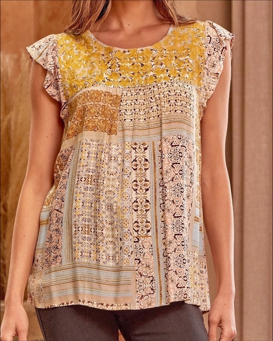 Short Flutter Slv Embroidered Patchwork Print Top