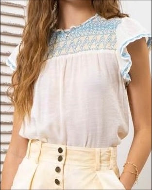 Stitched Detail Pattern High Neck Short Flutter Slv Top