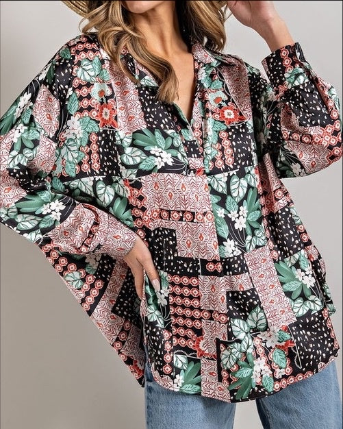 Silky Collared Pullover V Neck 3 Qtr Slv Floral Print Blouse