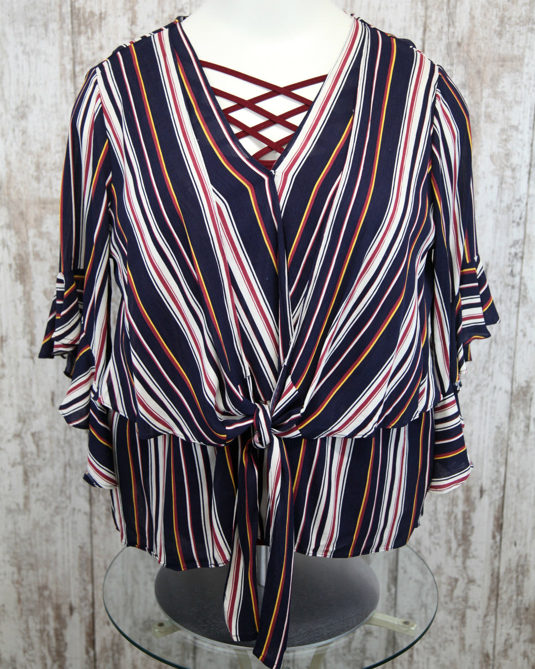PLUS Striped Ruffle Bell Slv V Neck Layered Front Top w Center Tie WL5376