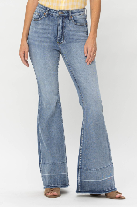 High Waisted Control Top Washed Release Hem Flare Jeans