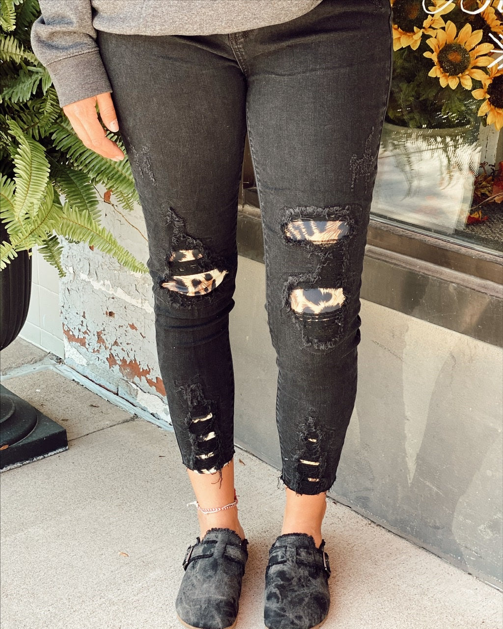 Black Mid Rise Skinny Destroyed Leopard Patch Jeans