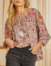 Floral Embroidered 3/4 Elastic Slv Top w Tie at Neck