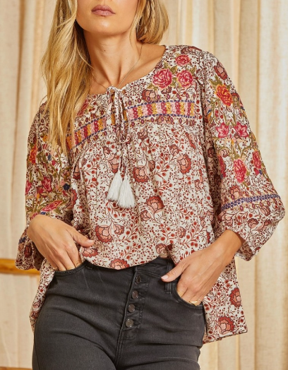 Floral Embroidered 3/4 Elastic Slv Top w Tie at Neck 14971-7