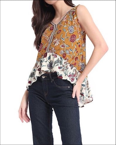 Albartoss Slvless V Neck Mixed Floral Print Top w/High Lo Ruffled Hem