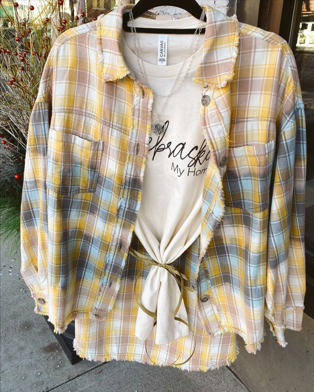 Washed Bleached Plaid Button Down Hi Low Shirt w/Frayed Hem