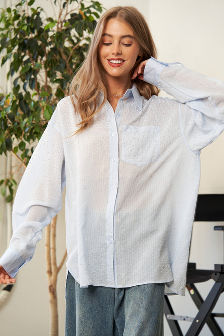 Sequin Long Slv Collared Button Down Shirt