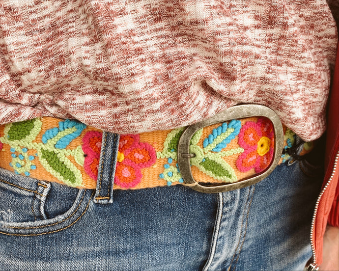 Ivy Jane Multi Colored Floral Embroidered Belt w Rectangle Buckle
