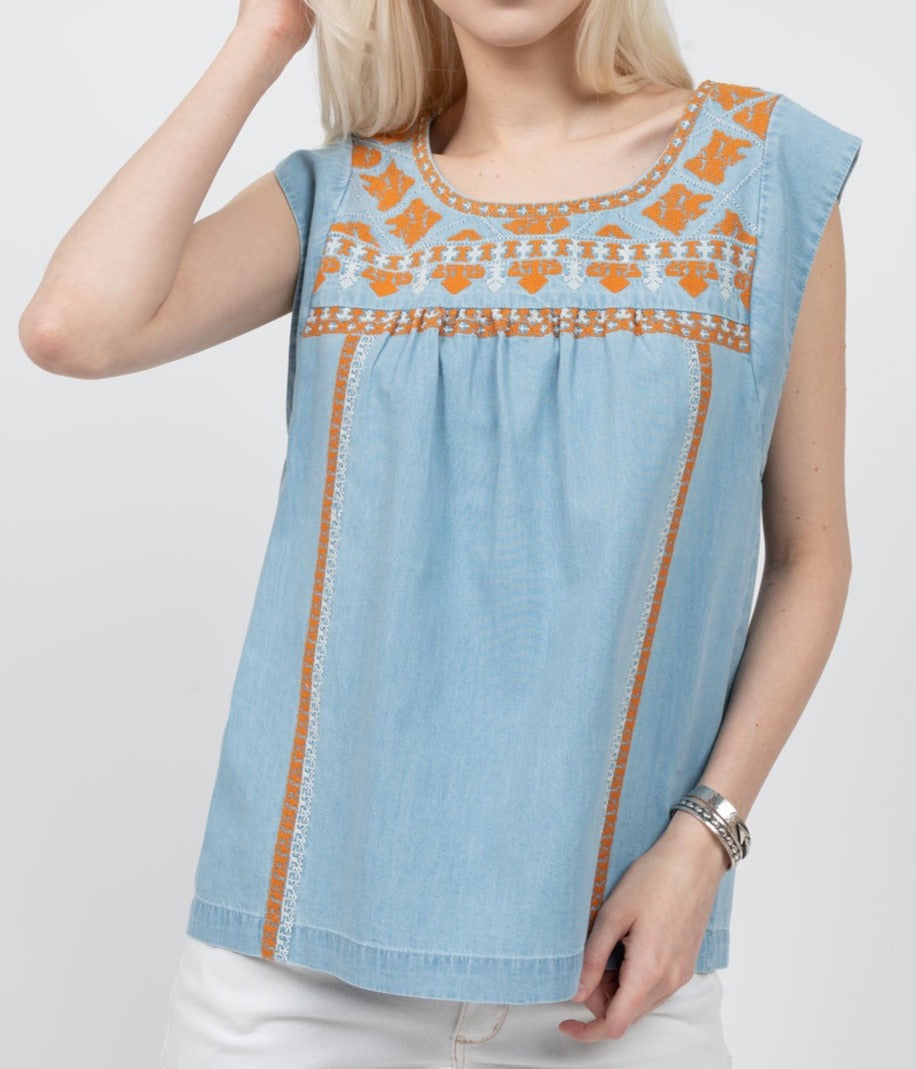 Ivy Jane Tribal Embroidered Cross Stitch Slvless Top