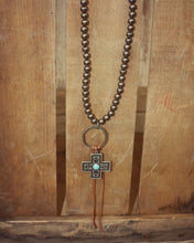 Silver Beaded 20In Necklace on Leather w Ring Cross Drop 101875