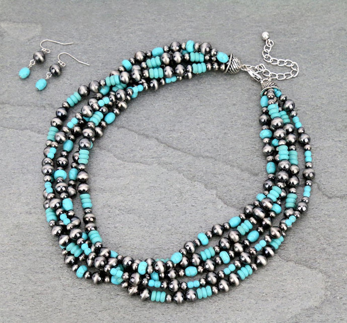 Multi Strand Navajo Style Pearl and Beaded Layered Necklace Set SJNE1333