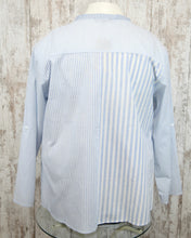 PLUS Roll Up Long Slv Striped Embroidered Top w Vneck w Buttons P14375