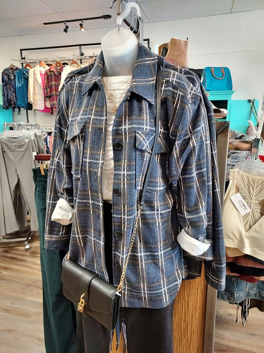 Plaid Button Down Belted Shirt Jacket w/Front Chest Pockets