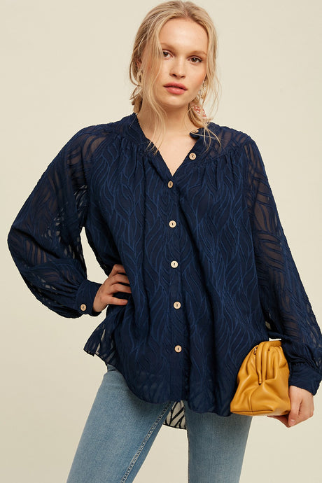 Abstract Design Woven Button Down Long Slv Shirt w Pleat Detail