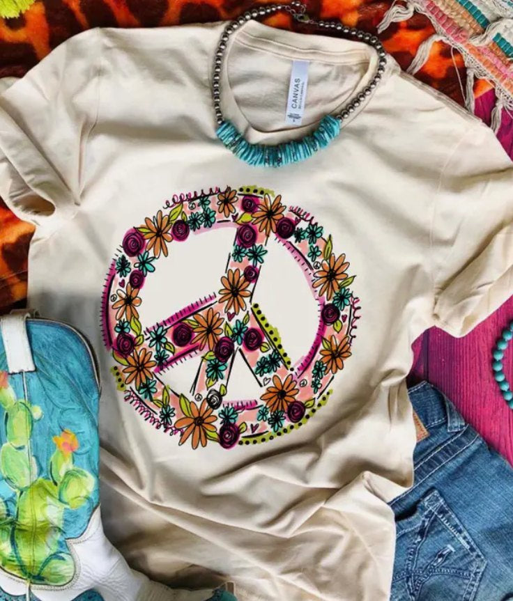Peace Sign w Flowers Short Slv Graphic Tee