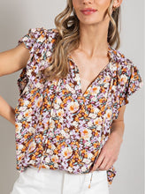 Cap Ruffle Short Slv Floral Top w Tie & Ruffle Neckline