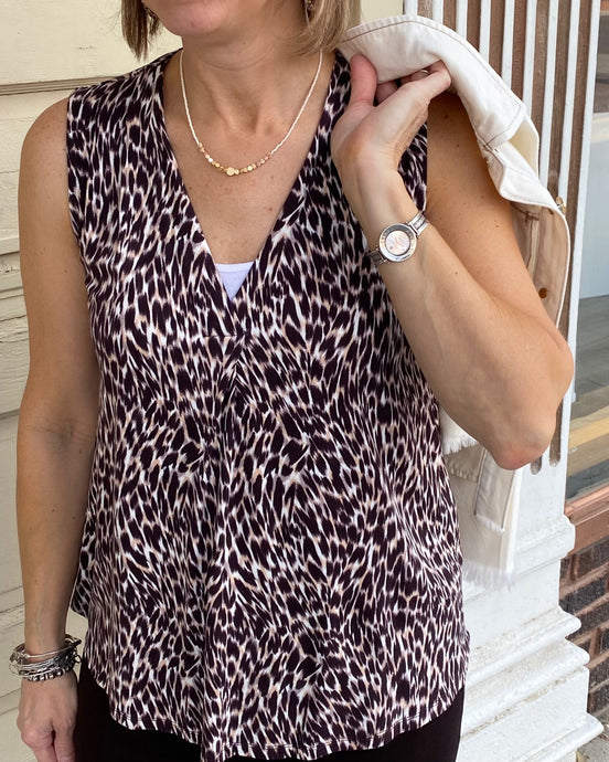 Animal Print Sleeveless V Neck Knit Top w/Tucks