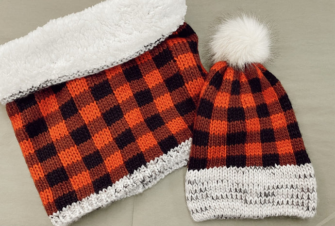 Sherpa Lined Buffalo Plaid Hat and Wide Neck Scarf Set