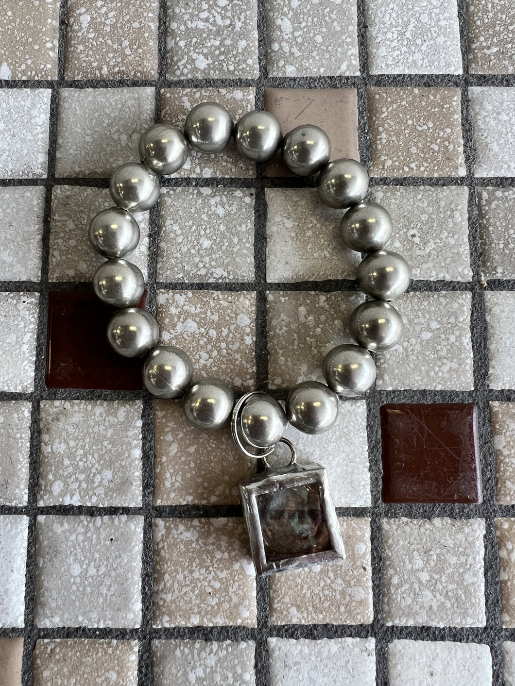 Large Pewter Beaded Stretch Bracelet w/Soldered Cube Charm