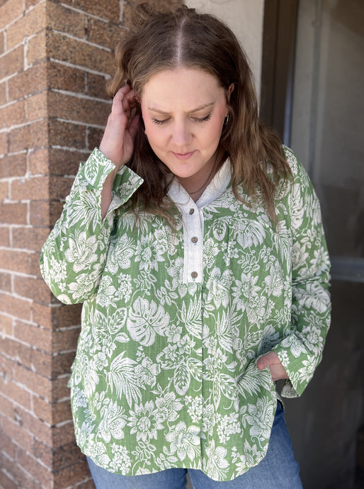 Printed Cotton V Neck Button Down Collared Long Slv Blouse