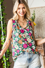 Floral High Ruffled Neck Slvless Top w/Keyhole & Tie at Neck