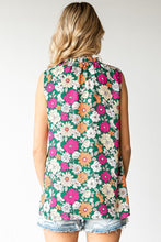 Floral High Ruffled Neck Slvless Top w/Keyhole & Tie at Neck