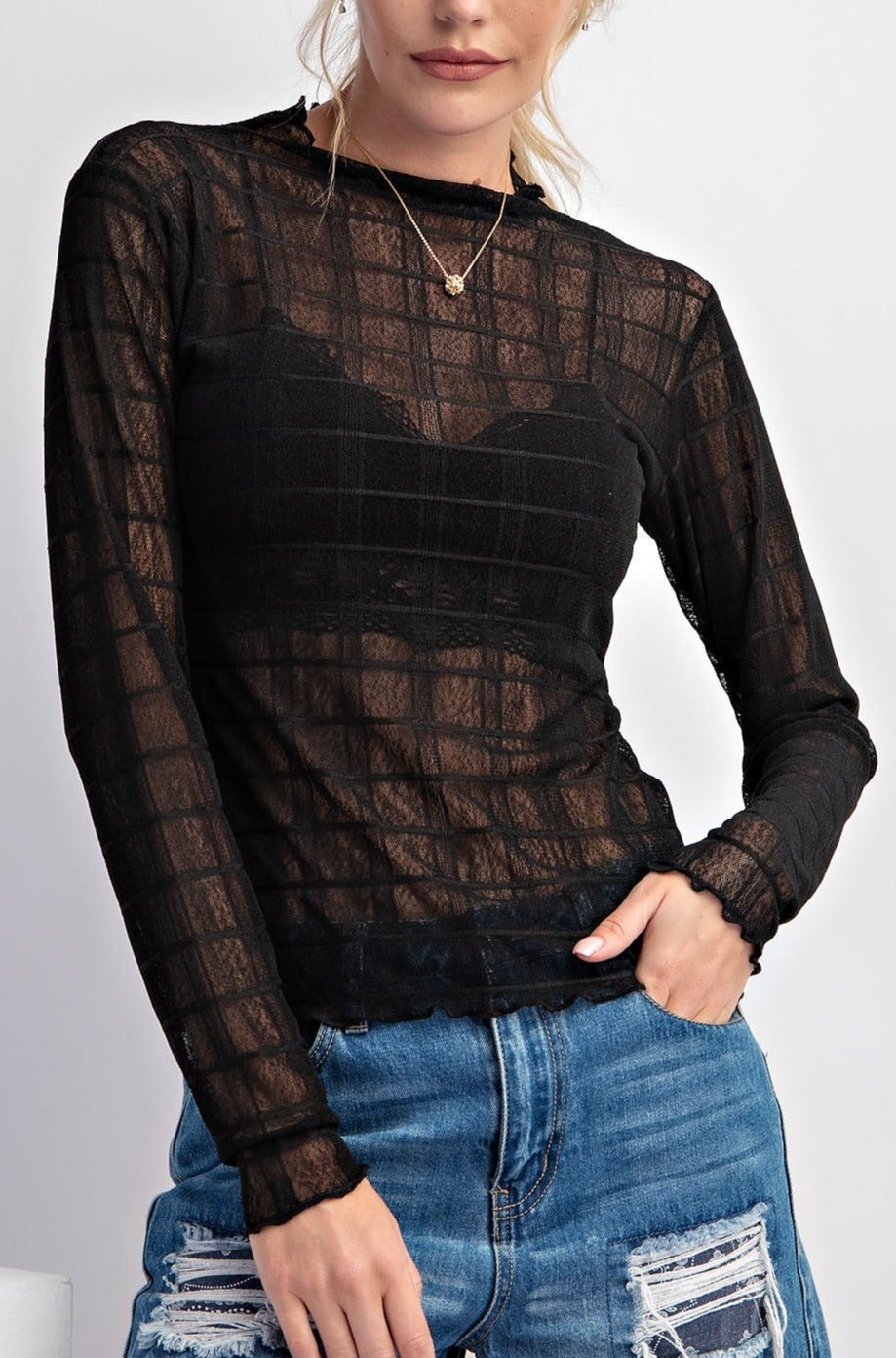 Textured Mesh Fitted Long Slv Top