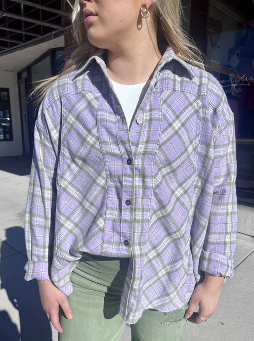 Plaid Flannel Long Slv Button Down Collared Swing Style Shirt