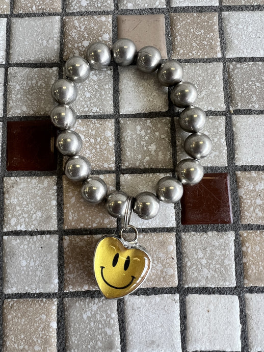 Large Silver Beaded Stretch Bracelet w/Soldered Smiley Face Heart Charm