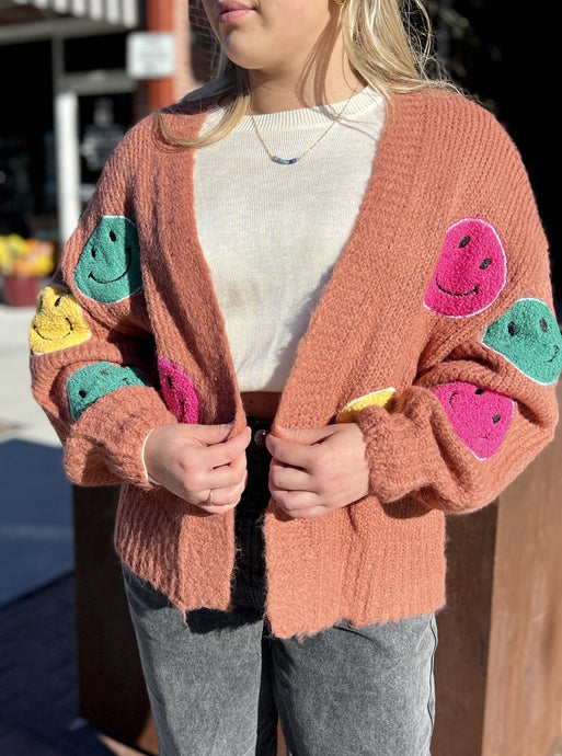 Woven Oversized Sweater Cardigan w Smiley Face Applicae