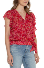 Draped Front Short Ruffled Slv Top w Waist Tie